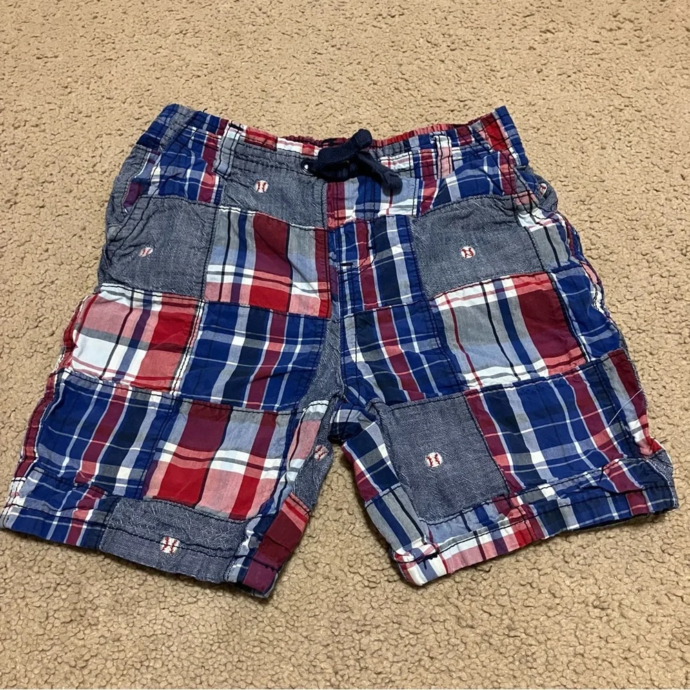 Vintage Gymboree Boys Sz 3T Red White Blue Plaid Patchwork Baseball Shorts